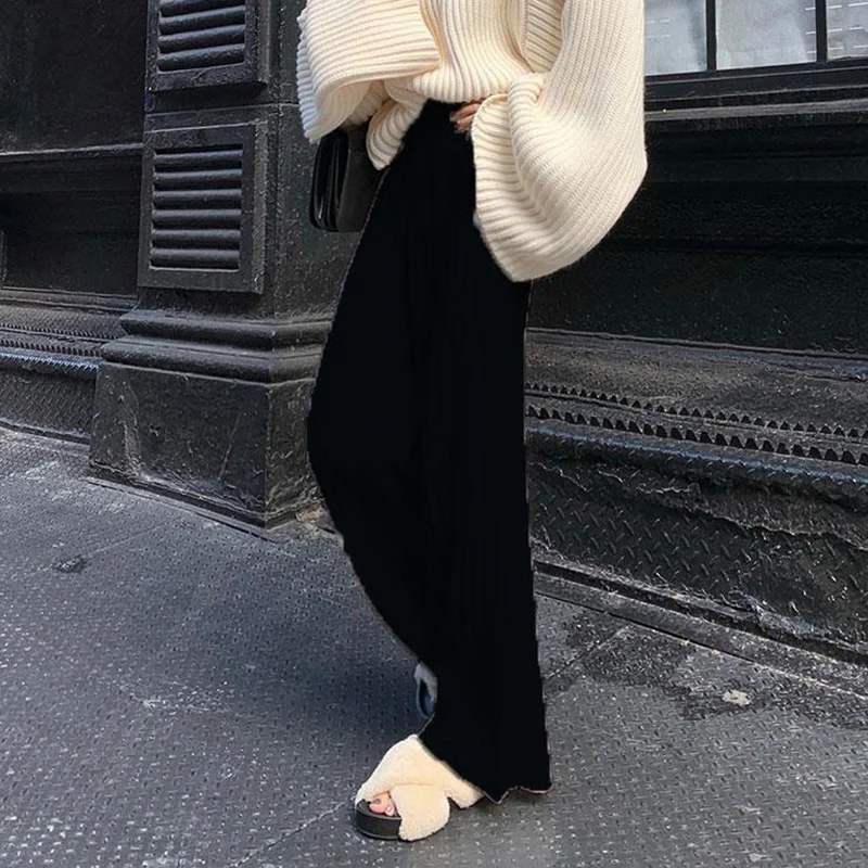 Women's Autumn and Winter Wool Knitted Wide-leg Pants Thickened High Waist Mopping Pants Casual Drape Loose Straight Long Pants