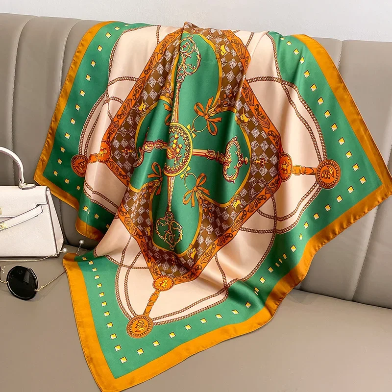 Luxury Brand Silk Square Plaid Scarf Women Satin Neck Hair Tie Band Soft Work Neckerchife 2021 NEW Hijab Head Female Foulard 5