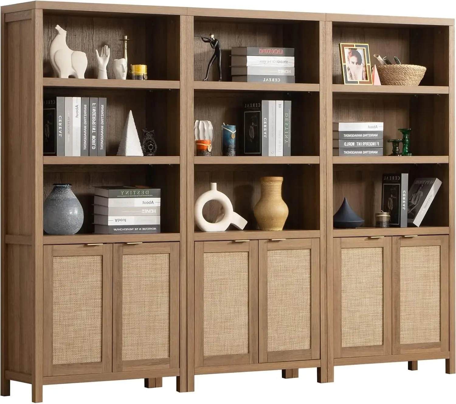 Bookcase 5 Tier Bookshelf Rattan Boho Tall Book Case Shelf with Doors Storage Large Wood Bookcases Farmhouse Library Shelves