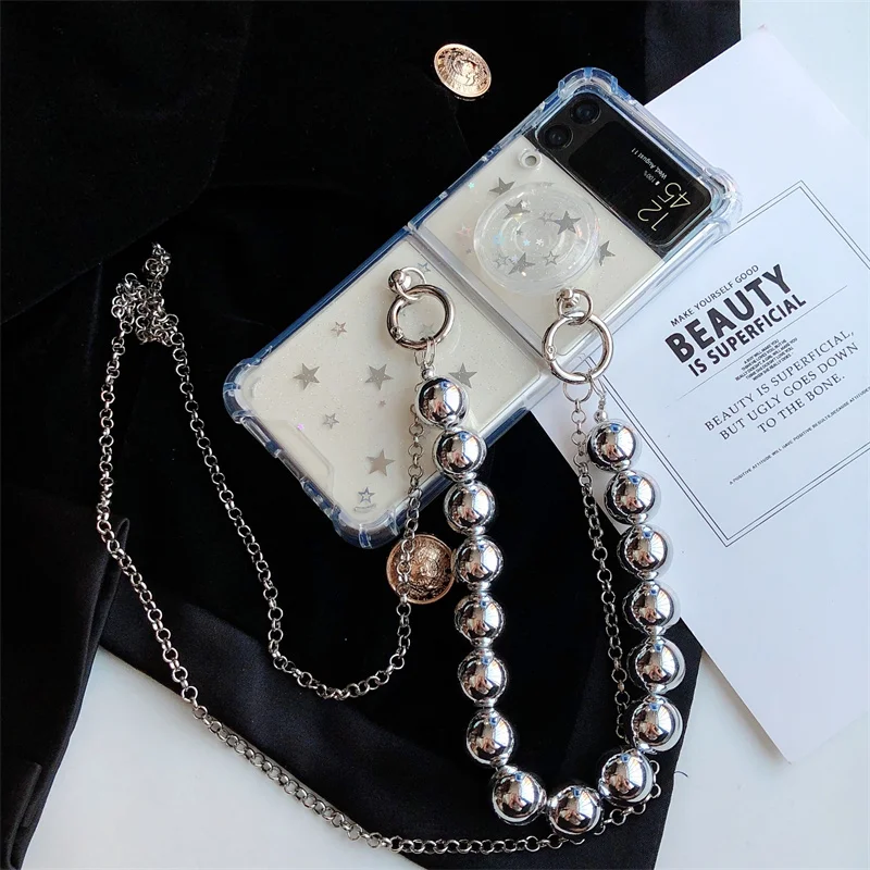 

Металлический чехол для телефона с длинной цепочкой и бусинами для Samsung Galaxy Z, флип-чехол с 3 звездами, блестящий прозрачный чехол