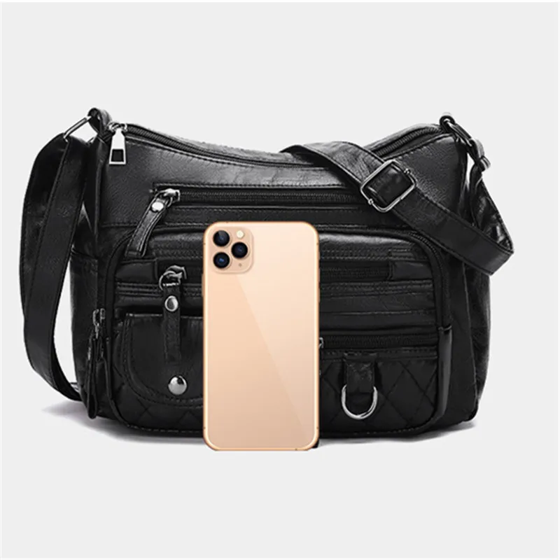 Classic Soft Leather Multi Pocket Cross Bags Multi Layer Zipper Pouch Single Messenger Shoulder Bag for Women Work Travel Party