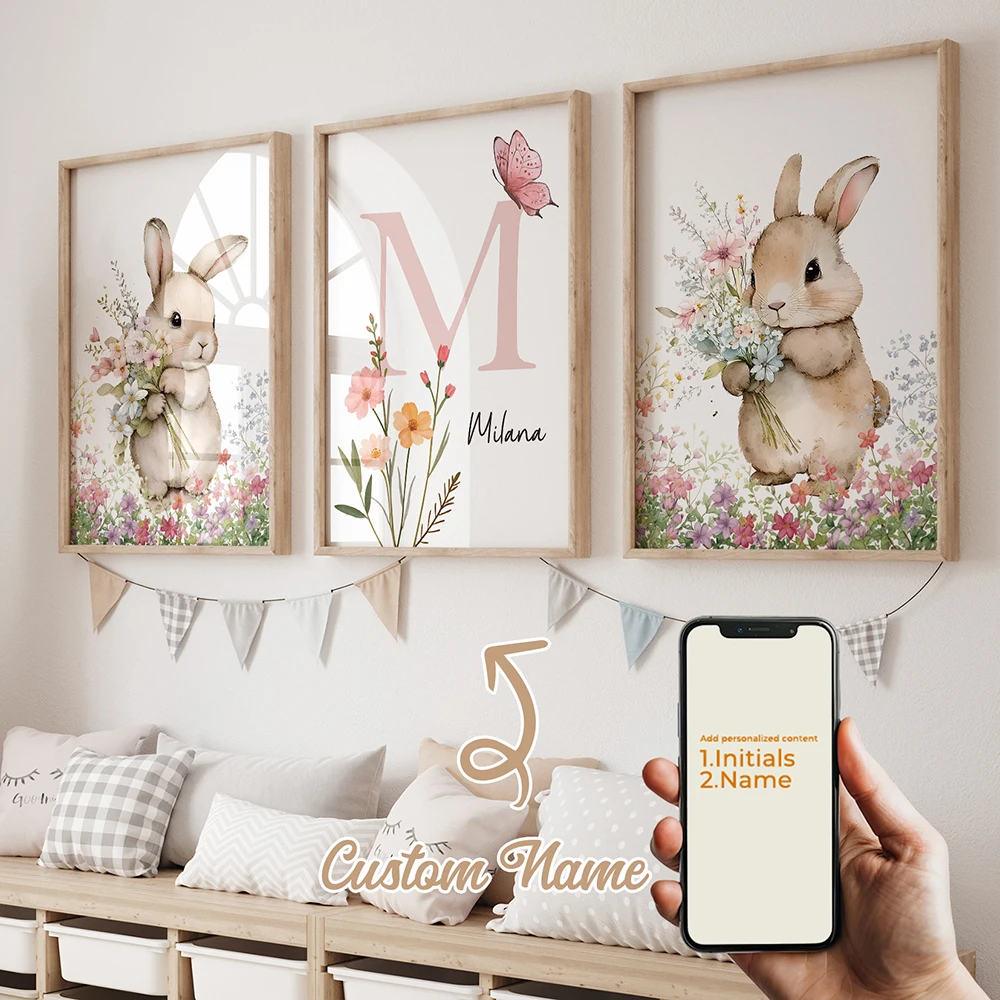 3pcs Personalized Custom Name Cartoon Child pink rabbit Wall Art Print Picture Canvas Poster Painting For Living Room Home Decor 4