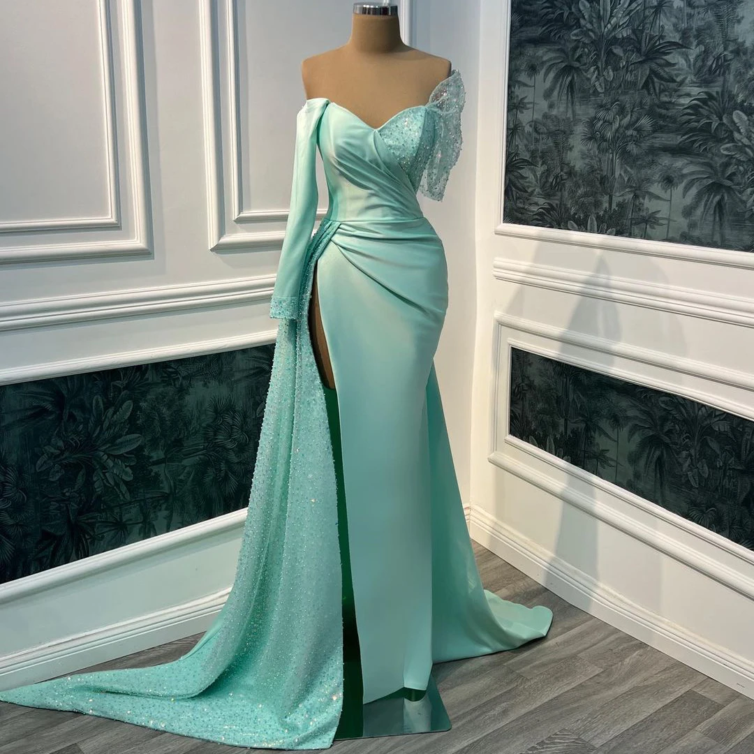 

Mint Green Glitter Mermaid Evening Dresses Off Shoulder Sparkly Pleats One Shoulder Prom Dress Sexy High Side Slit Party Gowns