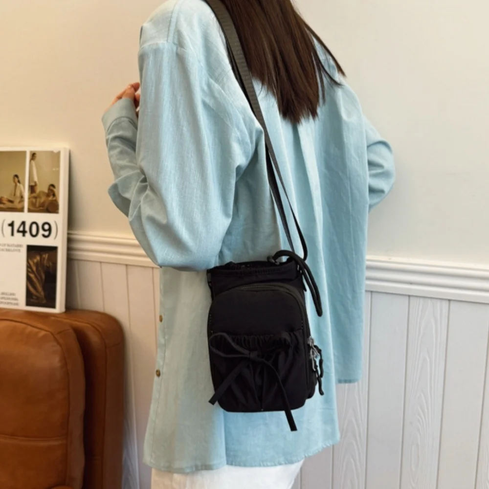 New Bow Phone Bag Nylon Shoulder Bags Women Drawstring Crossbody Bag Versatile Reusable Tote Bags Adjustable Kettle Handbag