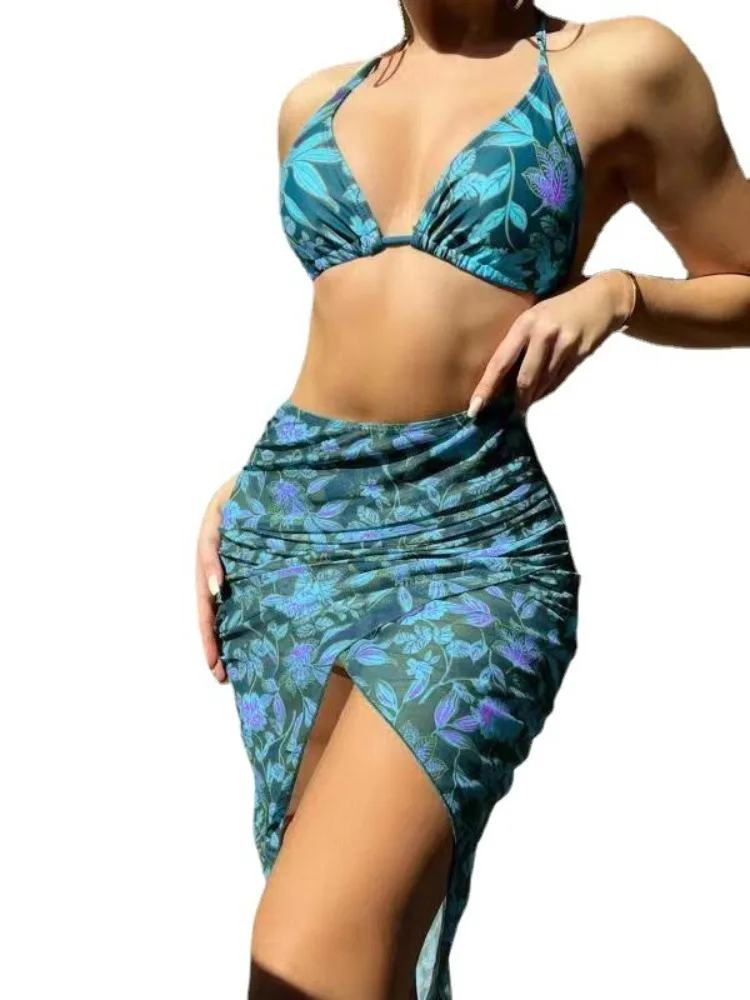 3 Pieces Bikini Sexy Women Swimsuits Female Swimwear Floral Bikini Sets Cover Ups Swimming Suits Outfits Beachwear Maxi Dress