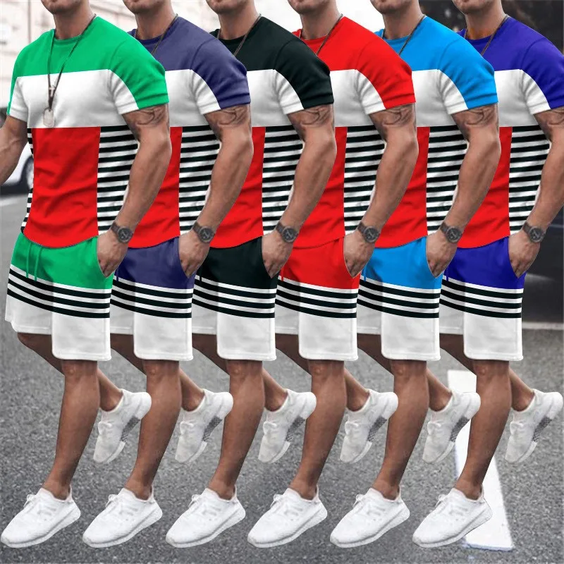 

Men's Sets Casual Sports Suit Men Summer Stitching Short-Sleeved T-shirt Shorts 2 Piece Sets Fitness Running Patchwork Tracksuit