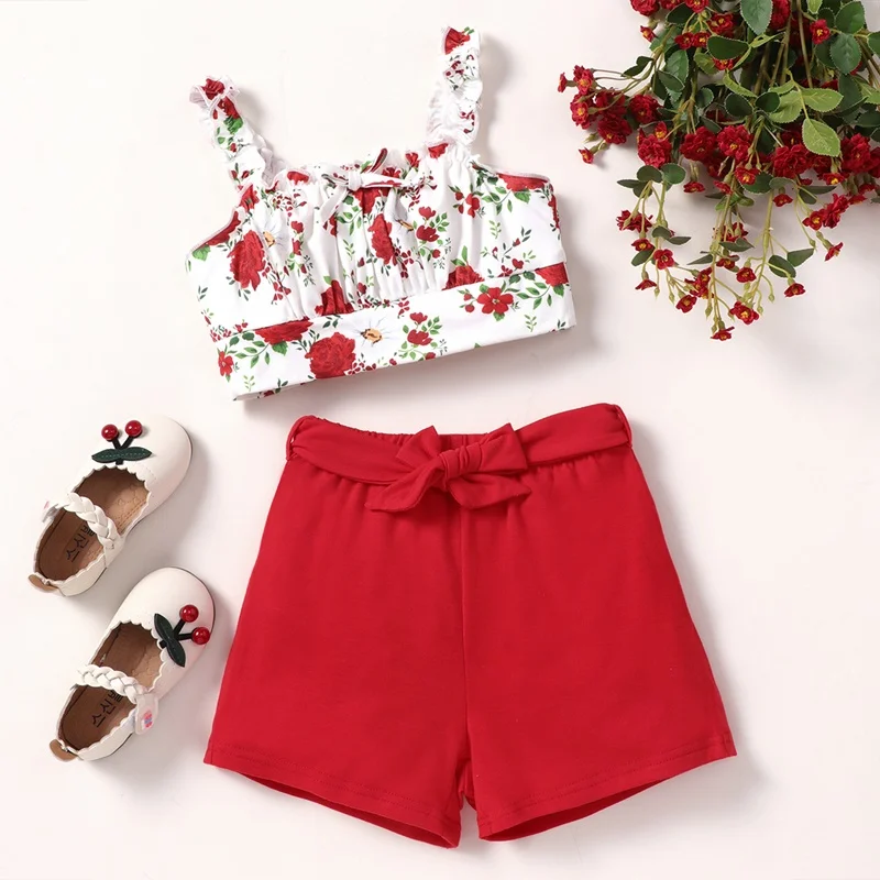 Baby Girl Summer Clothes Sets Flower Print Strap Tops+short Pants 2 Pcs
