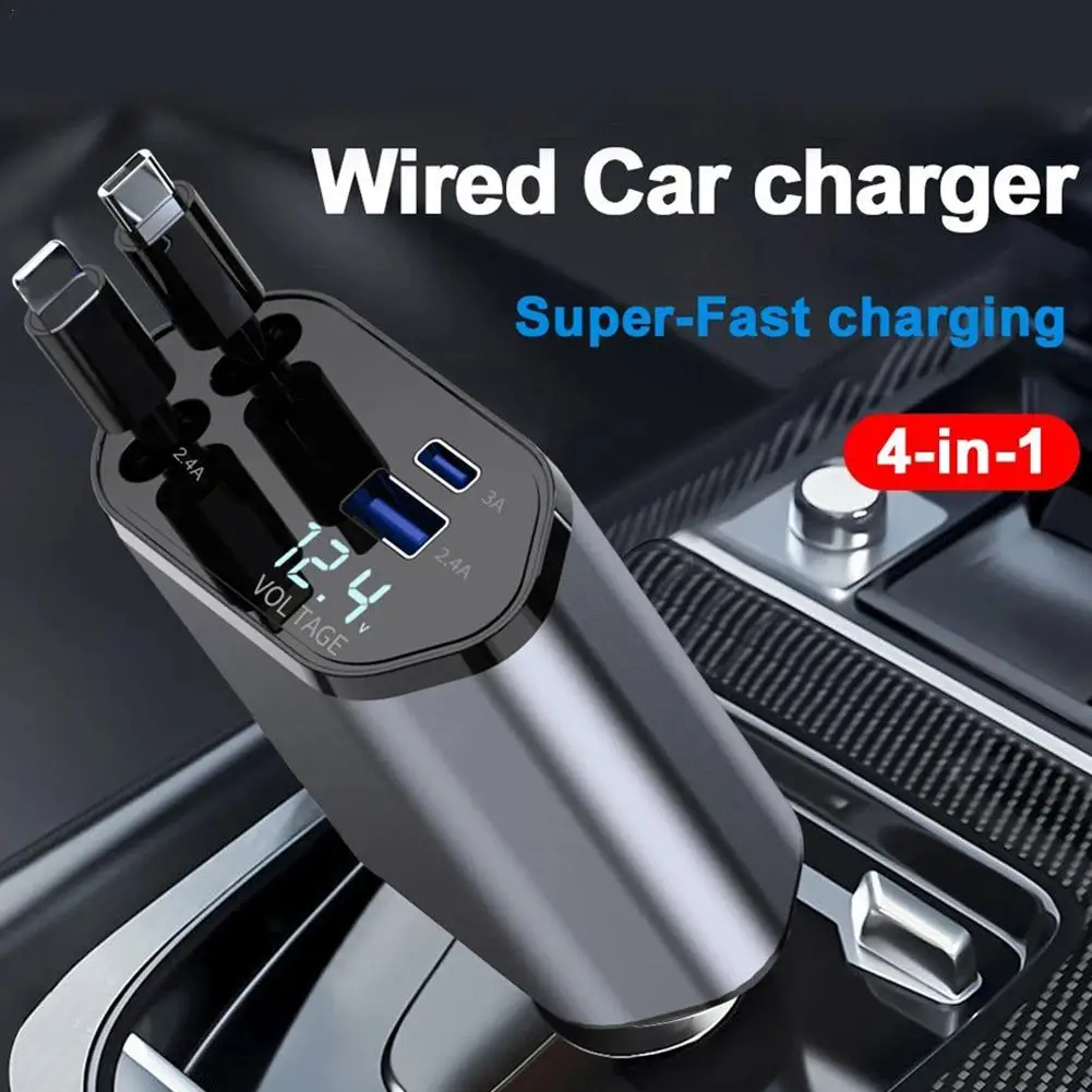 

120W 4 IN 1 Fast Car Retractable Car Charger USB Type C Cable For IPhone Samsung Fast Charge Cord Cigarette Lighter Adapter