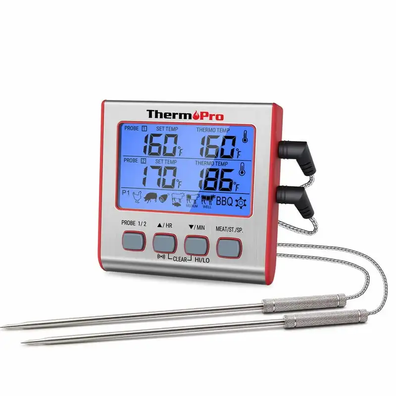 

Large LCD Backlight Grill Food Thermometer with Dual Probes Timer Mode for Oven Grill Smoker BBQ