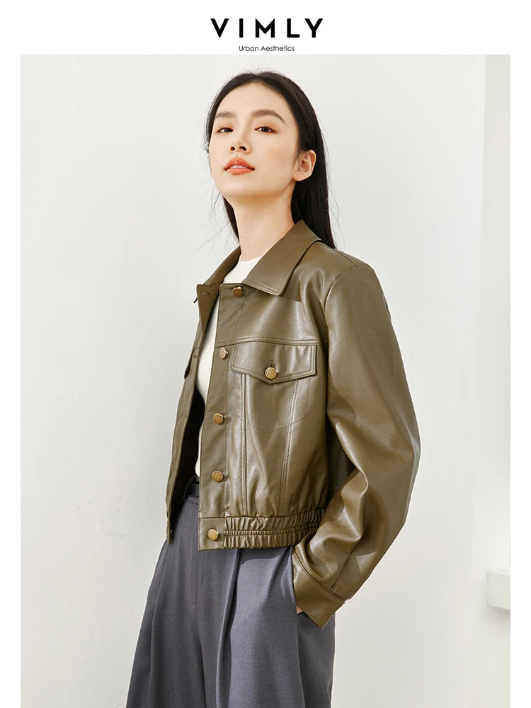 Vimly Lapel Cropped Women's Motorcycle Leather Jacket Loose Long Sleeve Coats 2023 Autumn New in Outerwear Female Clothing 16137