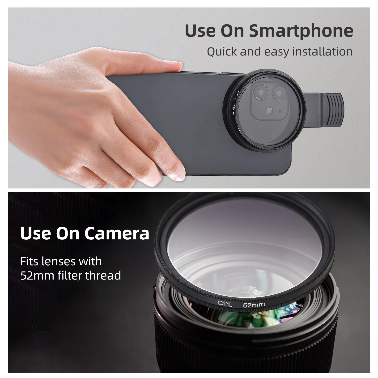 52mm CPL Filter Phone Camera Lens Clip-on Polarizer Filter Lens Clip for iPhone 15/14/13/12/11 Smartphones for Canon Nikon DSLR camera lens filter