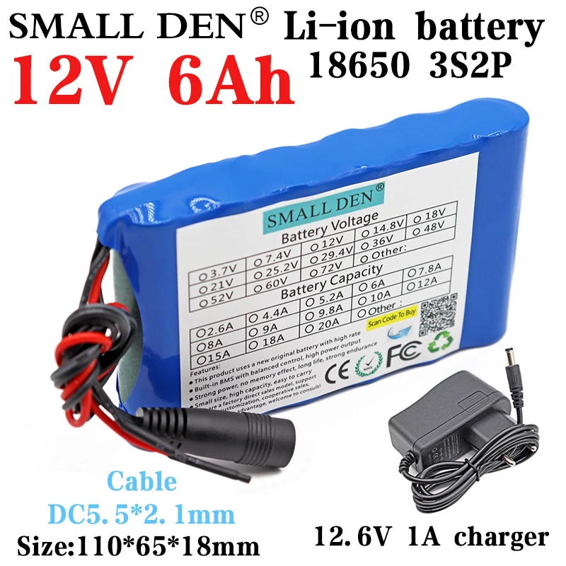12V 6Ah 3S2P18650 6000mAh lithium battery pack CCTV camera surveillance emergency light portable rechargeable battery+1A charger |