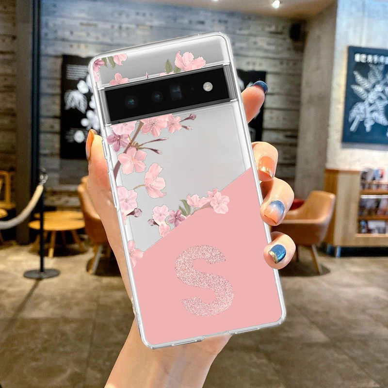 Elegant Pink Floral Alphabet Shockproof Phone Case - Soft Clear TPU Cover