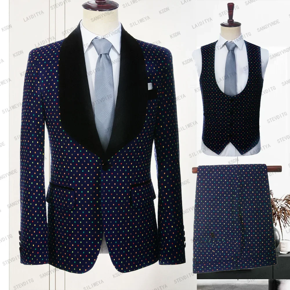 

Colorful Square Pattern Men Suits Elegant Shawl Lapel Navy Blue Blazer Set Party Prom Concert Wedding Tuxedo Slim Fit 3 Piece