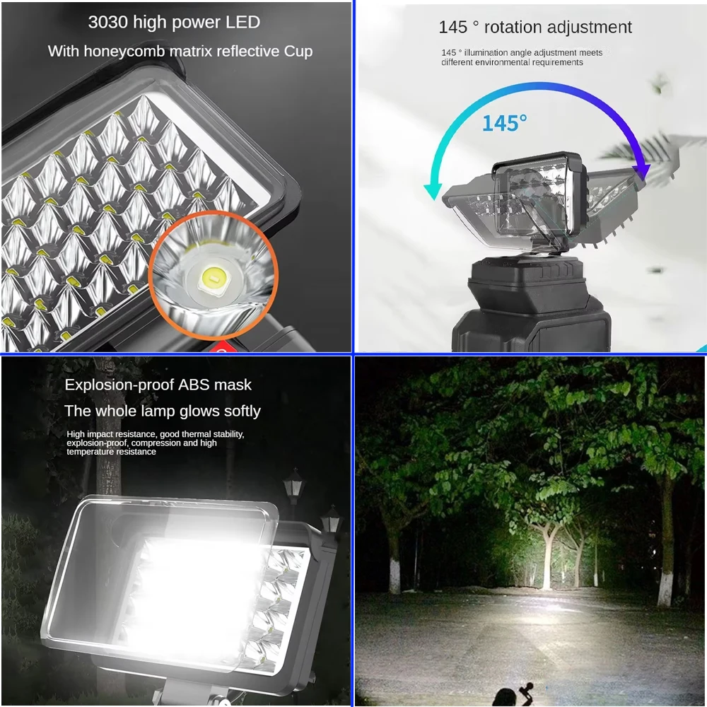 Portable Spotlight Led Light Cordless Outdoor Work Fishing Handheld Emergency ToolLight Fit Makita/Dewalt/Milwaukee 18V Battery