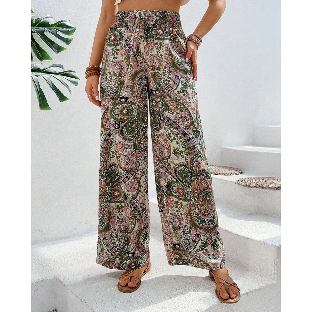 Vintage Print Boho Style Wide Leg Pants Women Spring Summer Trouses Elastic Waist Baggy Pants Streetwear Casual Women Clothes