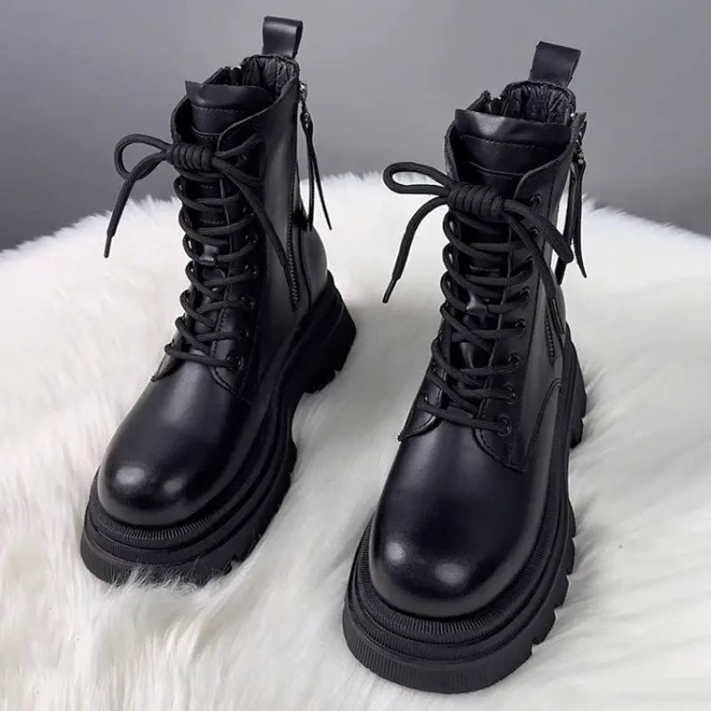 Women Boots Thick Heel Zipper Snow Boots Female Plush Keep Warm Leather Mid Calf Boots Non Slip Platform Boots for Woman Fashion