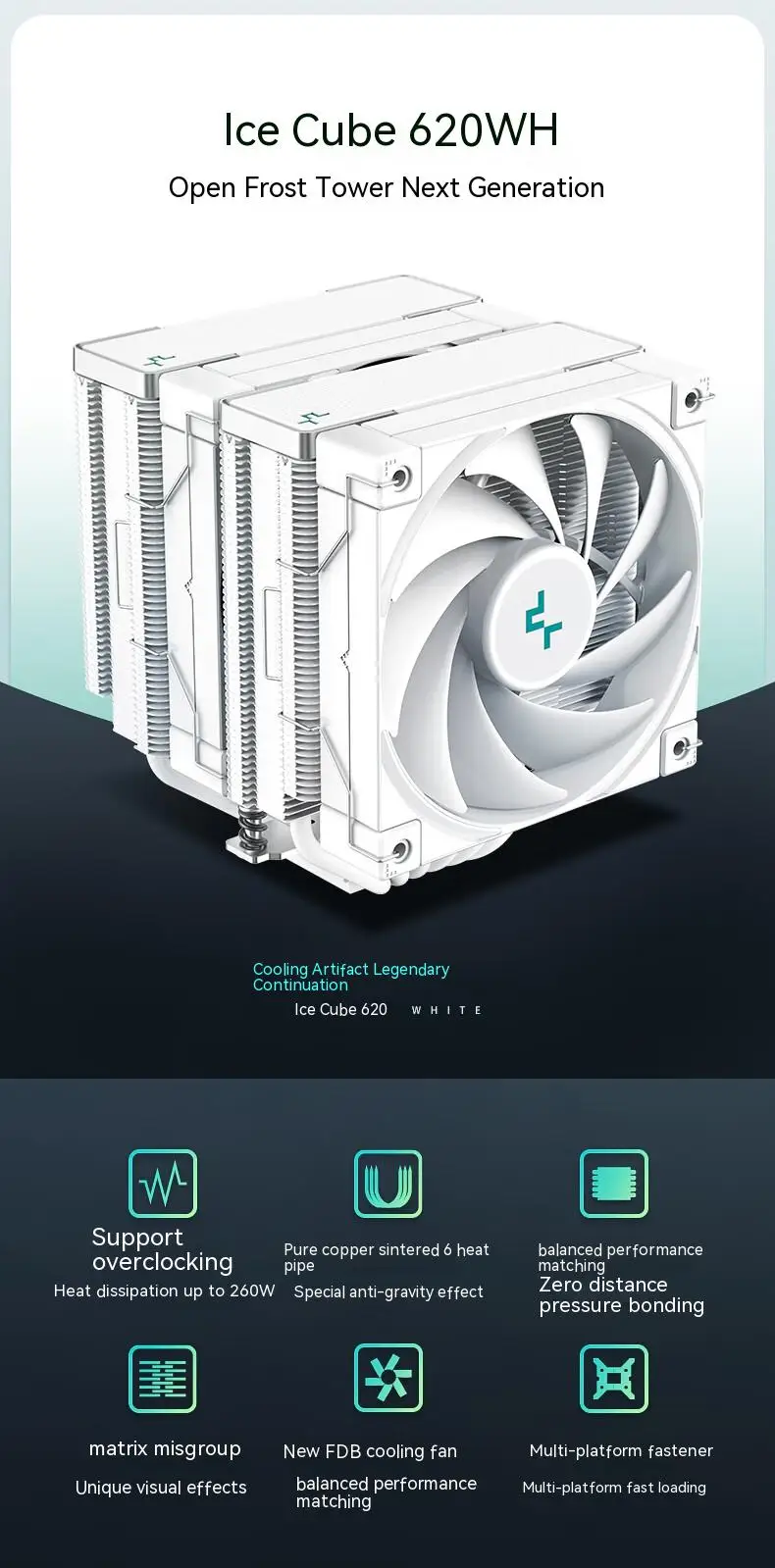 DeepCool AK620 ZERO DARK Twin Tower Radiator 6 Heat Pipes CPU Cooler Air Cooling