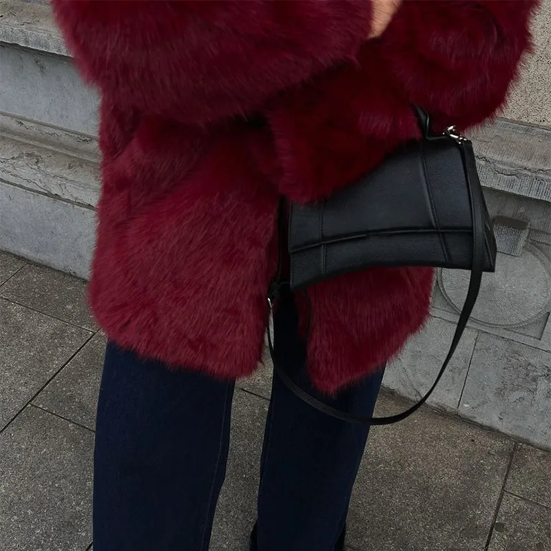 Luxury Women's Red Faux Fur Long Overcoat Fleece Thick Warm Full Sleeve Lapel Cardigan Coat Winter Fashion Loose Outerwear