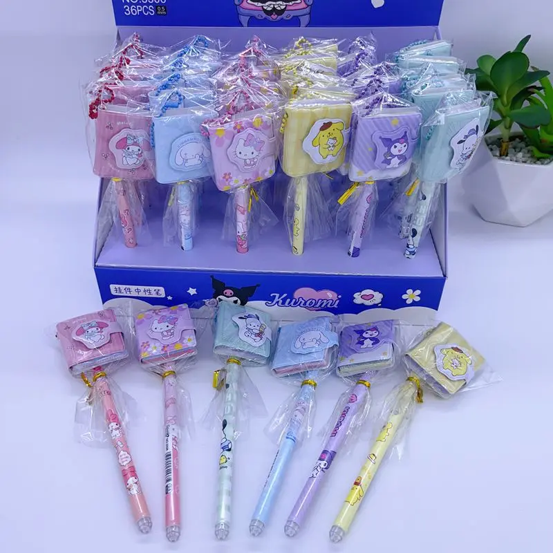 

36pcs Sanrio Stationary Hello Kitty Pochacco Cartoon 0.5mm Pendant Neutral Pen With Notebook 2-in-1 Portable Memo Wholesale