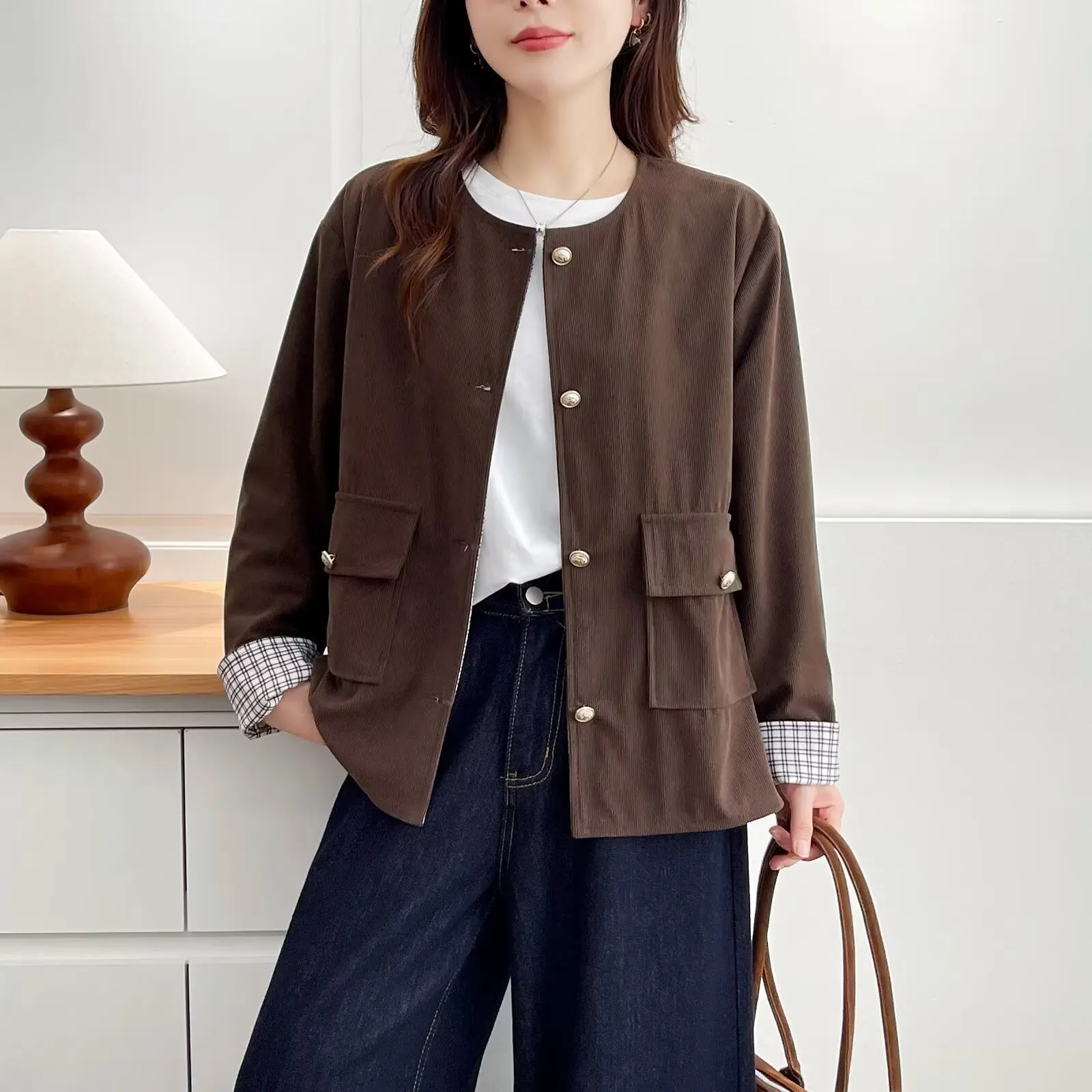 XXXXL New Stylish Plaid Cuff Corduroy For 2025 Autumn Coat Fashion Plus Size Women's Jacket