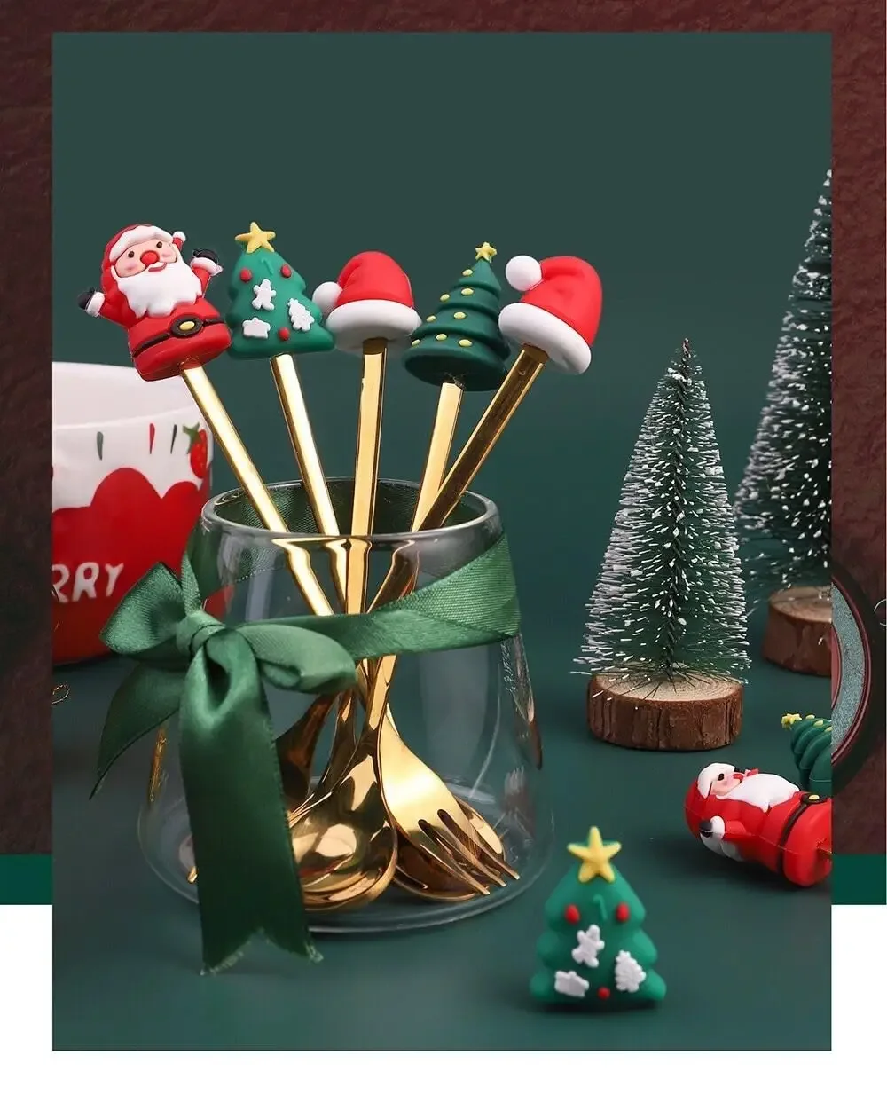 Leeseph Christmas Coffee Spoons Forks Set 6Pcs Stainless Steel Spoon Forks Christmas Gifts for Kids Red Green Gift Box Set stainless steel spoon cutlery set