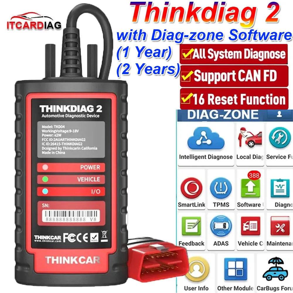 2023 Thinkcar Thinkdiag 2 Thinkdiag2 Con 1/2 Anni Di Supporto Software Dz Può Protocollo Fd 16 Funzioni Di Ripristino Strumento Diagnostico Obd2