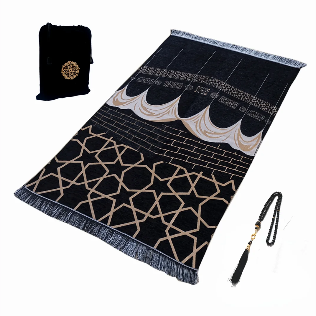 Muslim Prayer Rug Islamic Turkish Black Chenille Ramadan Washable Mat Woaven Islam Carpet Portable Muslims Rug