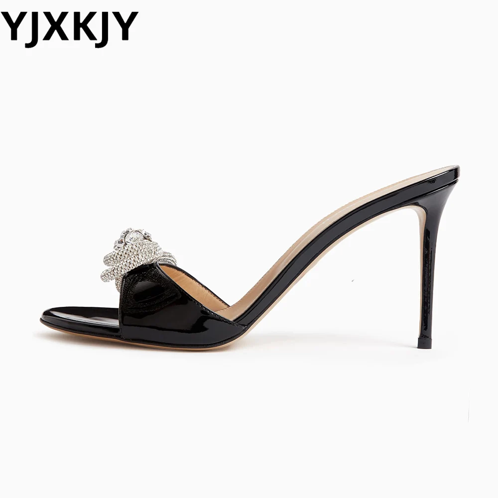 

YJXKJY 2024 Spring New Product Arrived Women's Fashion Large Size Shoes Sweet Water Diamond Bow Thin High Heel Mules Sandals