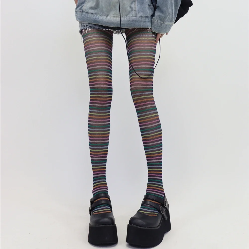 Punk Style Women Tights Colorful Striped Pantyhose Women Tights Sexy Lingerie Hosiery Y2k Girls Thigh High Stockings Pantyhose