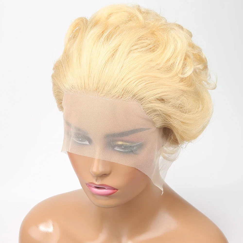 613 Blonde Wig 13X1 Transparent Lace Wig For Women Pixie Cut Short Curly Human Hair Wigs Cheap Human Hair