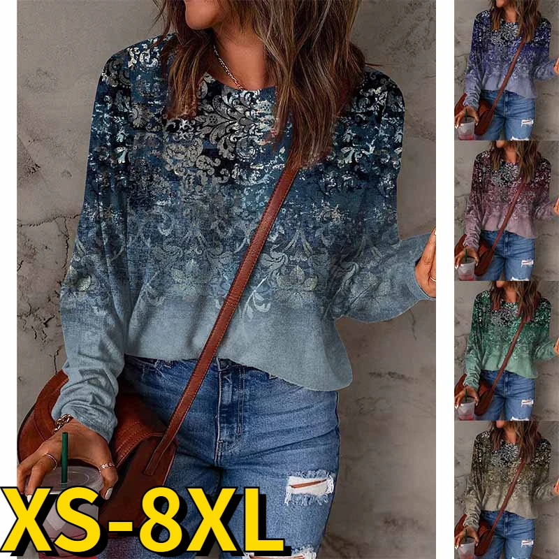 

2023 New Women Daily T-Shirt Elegance Long Sleeve Spring Autumn Ladies New Design Printing Casual Pullover Loose Size Clothing