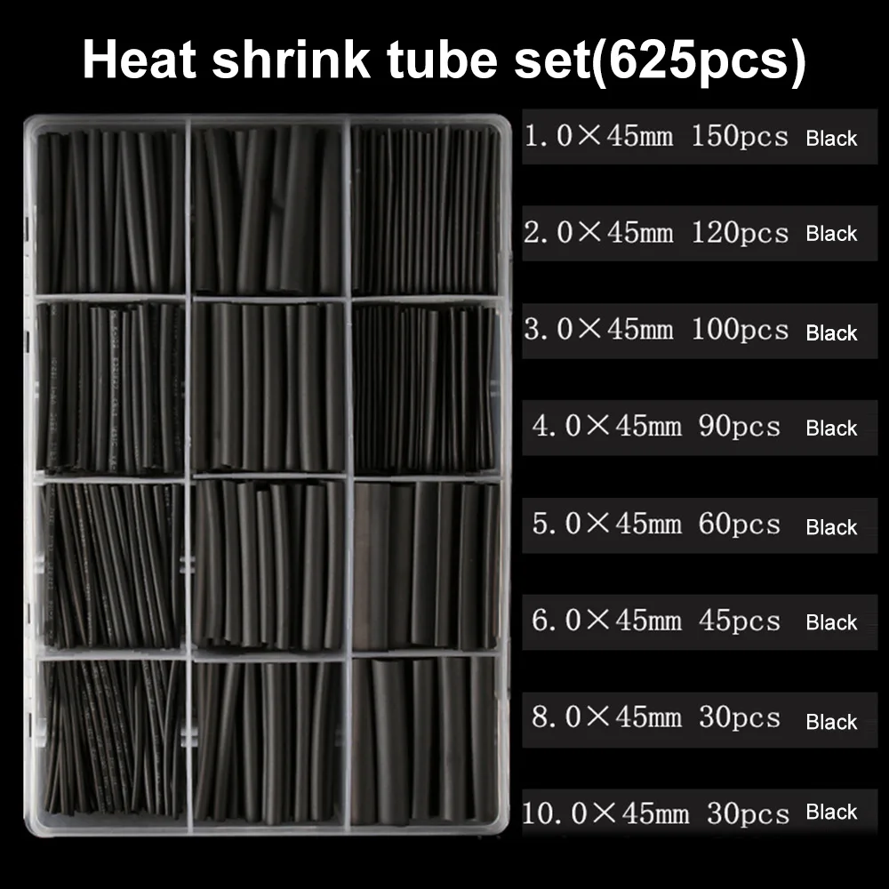 Juego de manguitos termorretráctiles para envoltura de tubo termorresistente, Cable de alambre de poliolefina, color negro, 2:1, 625 unids/lote