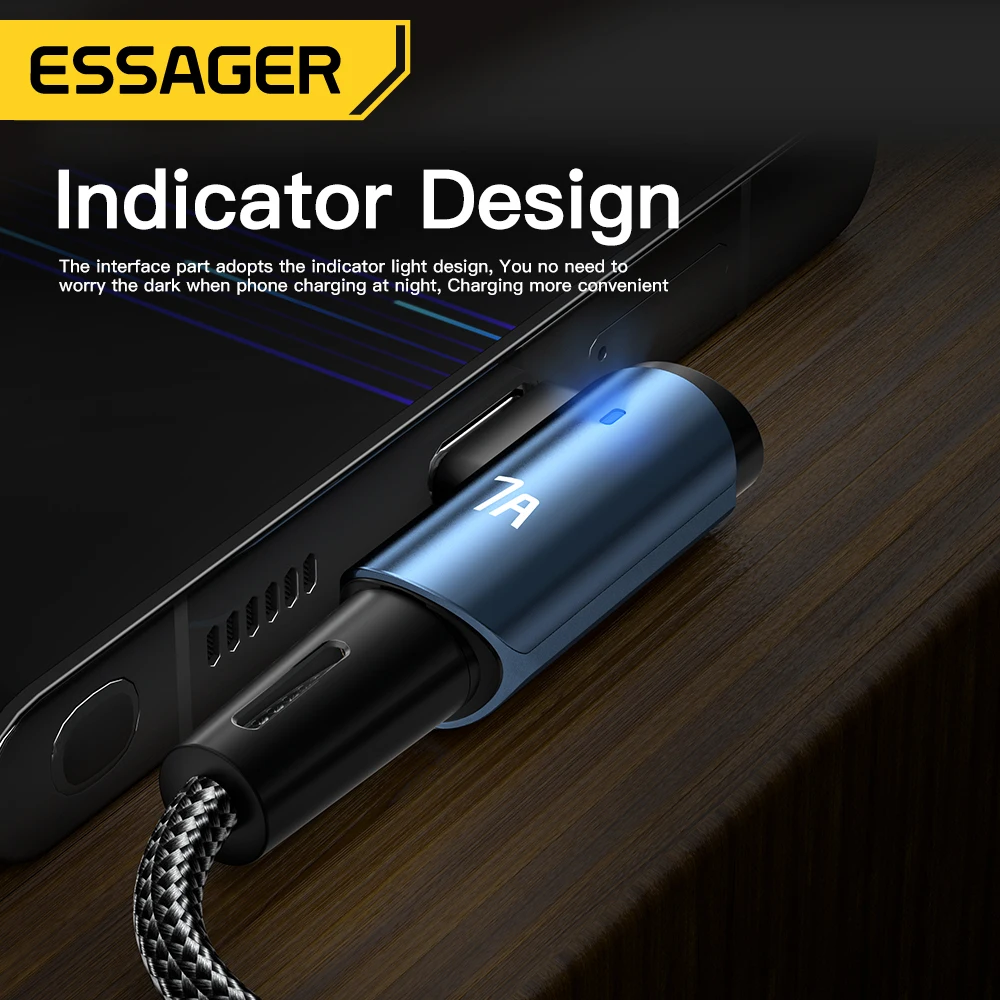 Essager-Cabo USB Tipo C para OPPO, Cabo de Carregamento Rápido, Data Wire, Carregador Angular, Honor, Huawei, Oneplus, Realme, OPPO, 7A, 90 Graus, 100W