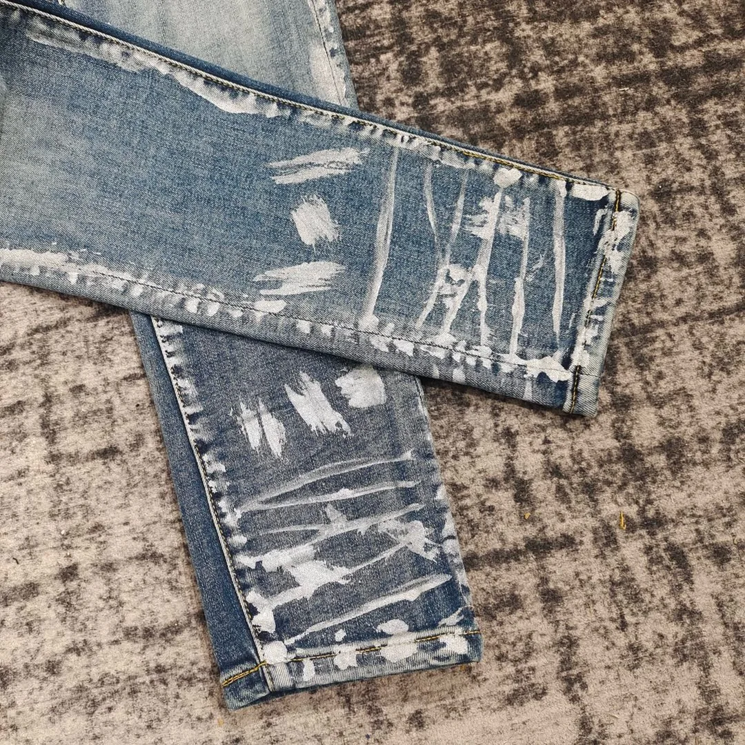 men streetwear white paints slim fit distressed jeans 6