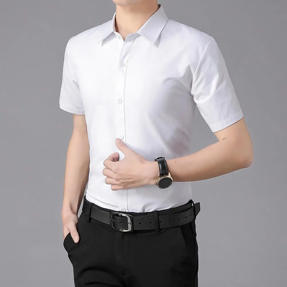 

Meeting Shirt Stylish Men's Slim Fit Cardigan Shirt for Business Office Casual Wear Solid Color Turn-down Collar Short Sleeves