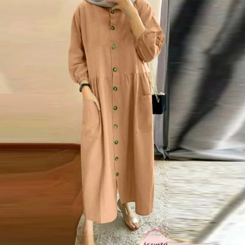 2025 Luxury Fashion Muslim Women's Retro Casual Cardigan with Pocket Bohemian Dress Round Neck Bubble Sleeves Loose Sun Skirt 3