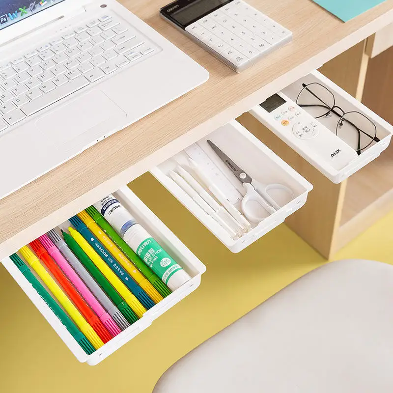 Self Stick Pencil Tray Desk Table Storage Drawer Organizer Under Desk Stand Self-Adhesive Under-Drawer Stationery Storage