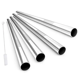 FAIS DU 4 - Piece Reusable Stainless Steel Straw Set with Cleaning Brush for Smoothies and Milkshakes (Silver Color)