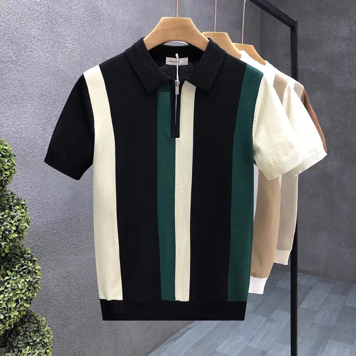 Maglione lavorato a maglia a maniche corte con collo a polo, mezza zip, color block, stile business britannico da uomo
