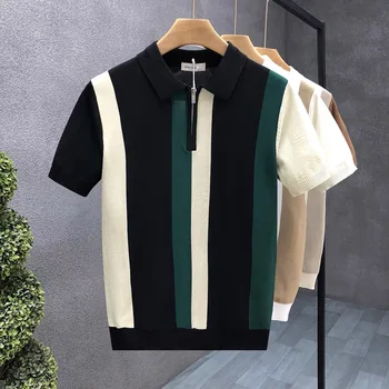 Maglione lavorato a maglia a maniche corte con collo a polo, mezza zip, color block, stile business britannico da uomo