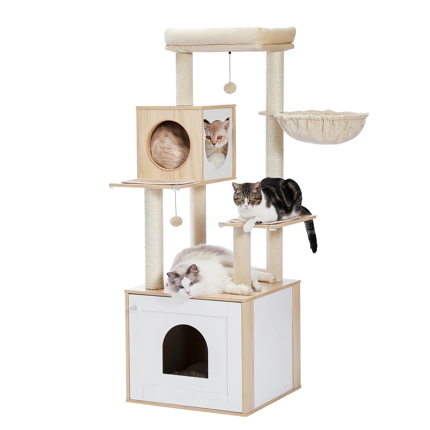 Cat Tree with Litter Box Enclosure Large Wood Cat Tower with Storage Cabinet and Cozy Cat Condo Sisal Covered Scratching Post — YELLOW · $131.99