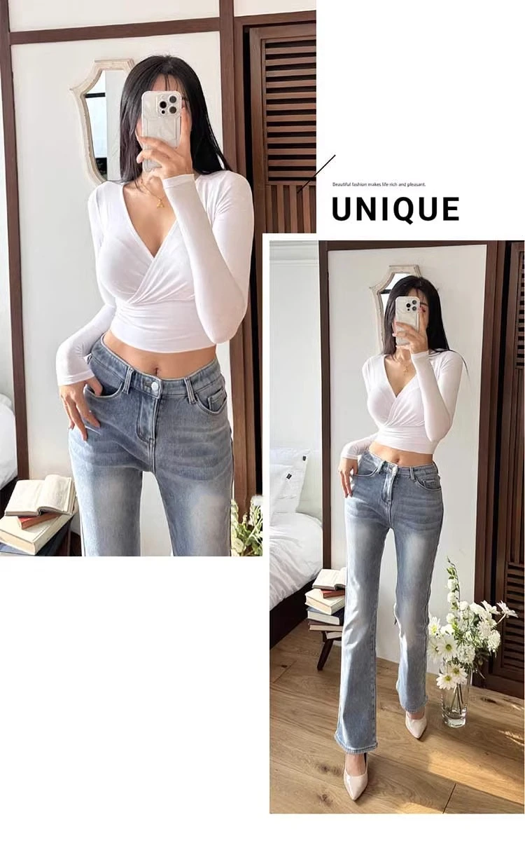 2026 V-ausschnitt Langarm Crop Tops Frühling Herbst Lässige Mode Frauen Quadrat Kragen Dünne T-Shirts Backless T ﻿ – Detail 13