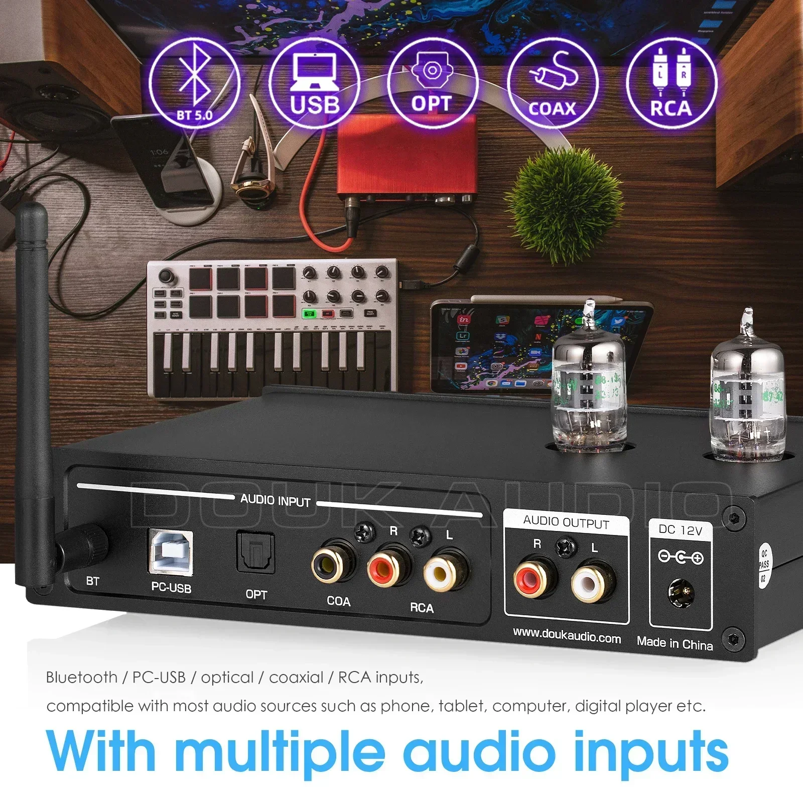 Return-Douk Audio HiFi Vacuum Tube Stereo Preamplifier USB DAC Bluetooth 5.0 Receiver S/PDIF D/A Audio Converter w/OLED Display LDAC 5