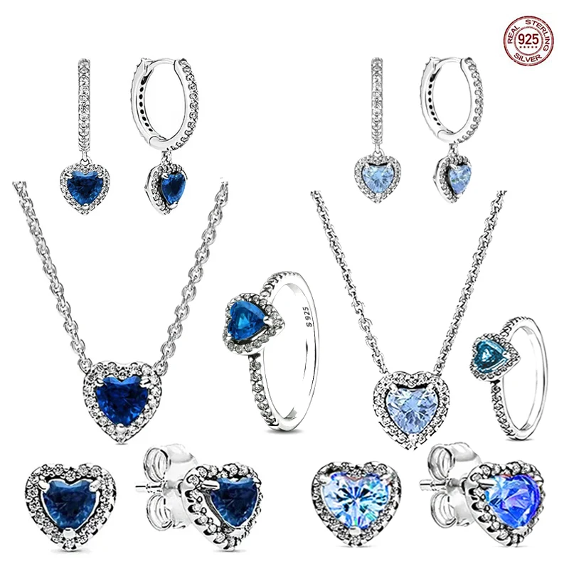 

2024 popular color dark blue light blue heart-shaped rings necklace earrings exquisite set women's holiday jewelry