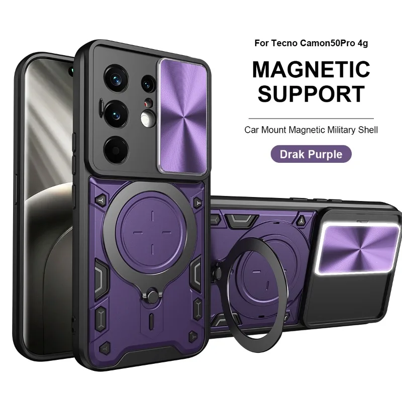 Tecno Camon Heavy Duty Shockproof Armor Case with Magnetic Ring Holder and Slide Lens Protection Cover