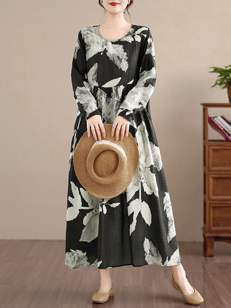 2025 Spring Autumn Cotton Long Sleeve Print Vintage Dresses Women Casual Loose Long Dress Office Lady Vestidos Elegant Clothing