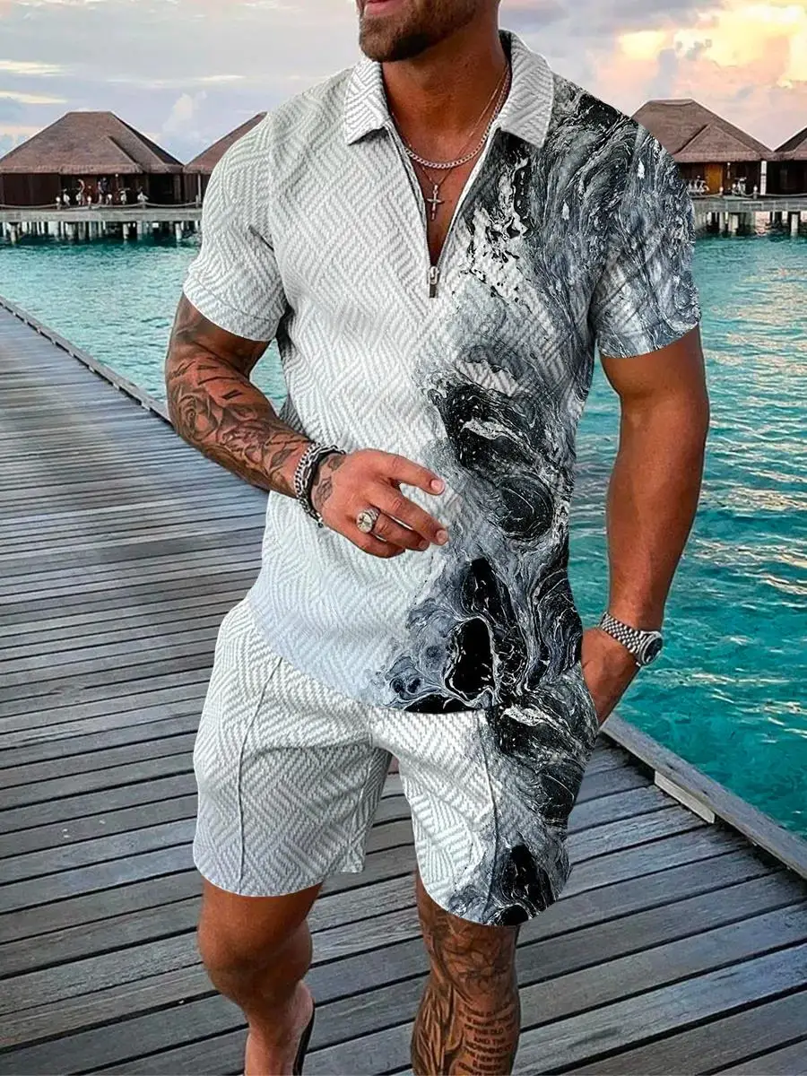 Men Zipper Collar Polo Shirt And Shorts 2pcs Sets Street T-shirt Piece Casual Sportswear Ropa Hombre 3D Vintage Man Clothing 2