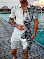 Men Zipper Collar Polo Shirt And Shorts 2pcs Sets Street T-shirt Piece Casual Sportswear Ropa Hombre 3D Vintage Man Clothing 2