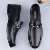 Cow Leather Men Metal Buckle Low Heel Loafers Fashion Handmade Moccasins Soft Leather Slip on Flats Man Footwear Driving Shoes 2